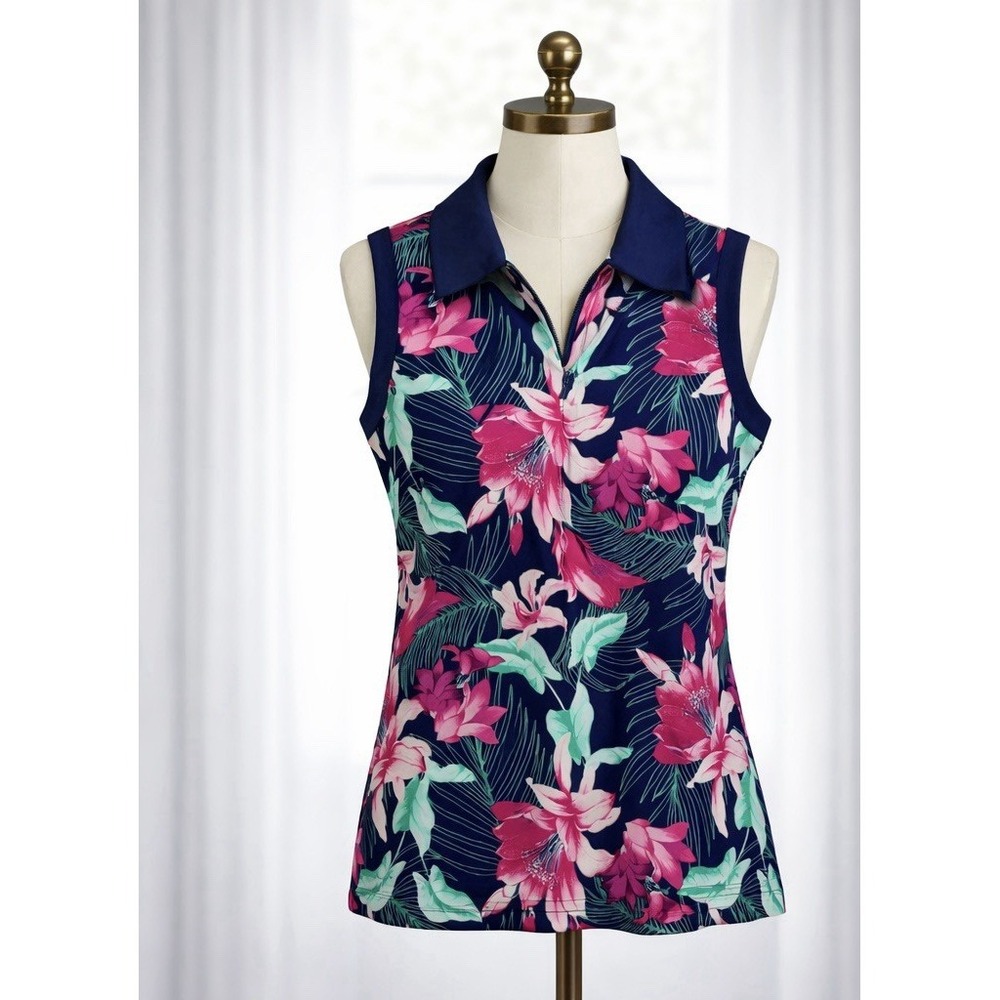 Tommy Bahama Sleeveless Polo Top Navy Pink Tropical Palm‎ Floral 1/4 Zip Golf XS